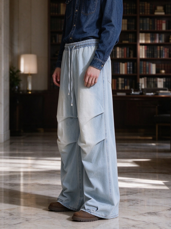 E6697  Men's 10.8 OZ Laser Etching Elastic Waist Baggy Parachute Denim Jeans